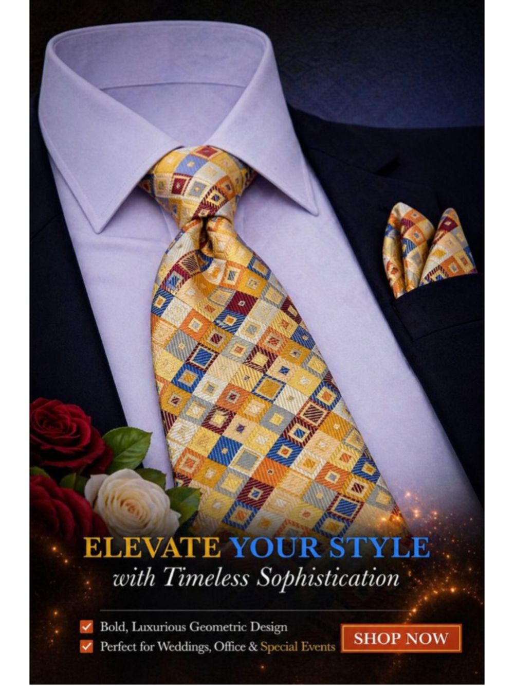Bachrach Men's Silk Tie Gold Multicolor Geometric Diamond Pattern Designer Tie